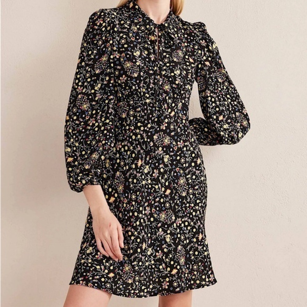 Boden black wildflower tie neck long sleeve dress